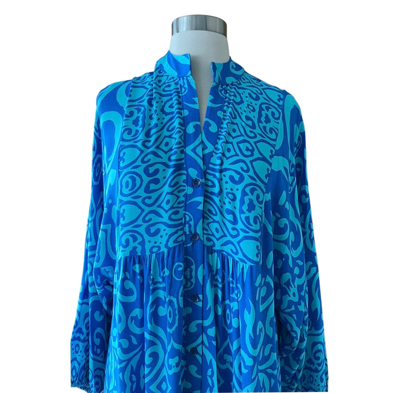 Blues Paisley Maxi Dress V-Neck Long Sleeves Tropical Bold Print Medium