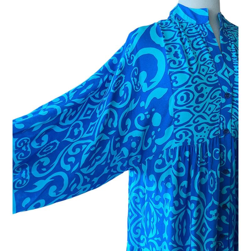 Blues Paisley Maxi Dress V-Neck Long Sleeves Tropical Bold Print Medium