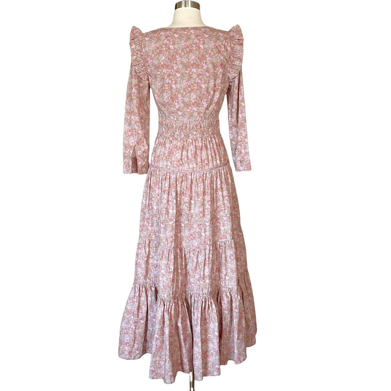 LOVESHACKFANCY Lyna Maxi Dress Tan Garden Cotton Ruffle Floral Pink S 4-6 Sample