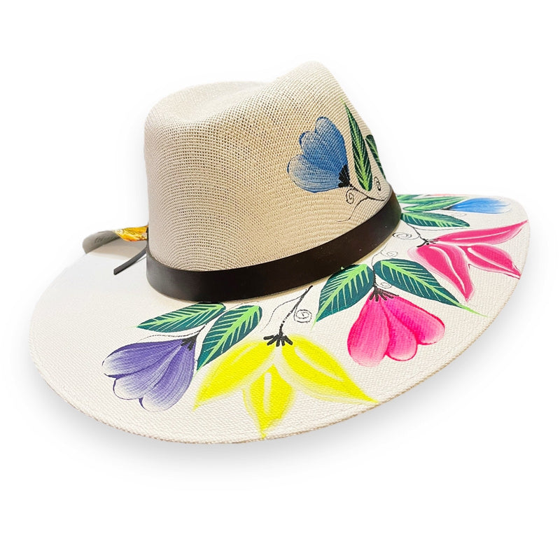 HAT MEXICAN Artisanal Hand Painted Fedora Floral Sombrero Panama Bohemian White