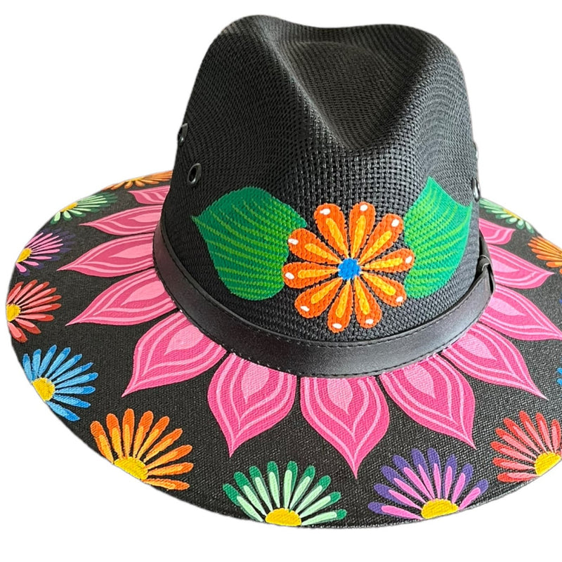 HAT MEXICAN Artisanal Hand Painted Fedora Floral Sombrero Panama Bohemian Black