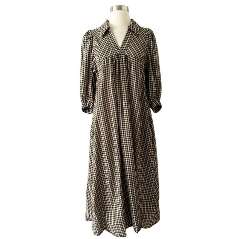 Samsoe Samsoe Opal Collared Midi Plaid Dress Brown 3/4 Sleeves Split Neck Small