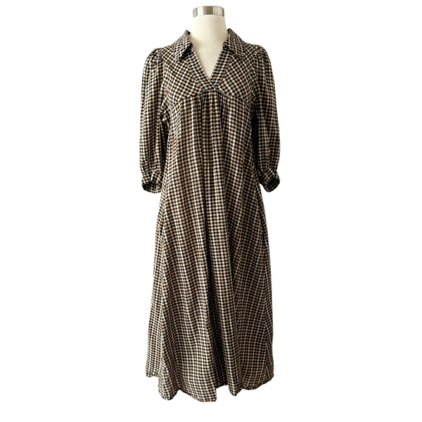 Samsoe Samsoe Opal Collared Midi Plaid Dress Brown 3/4 Sleeves Split Neck Small