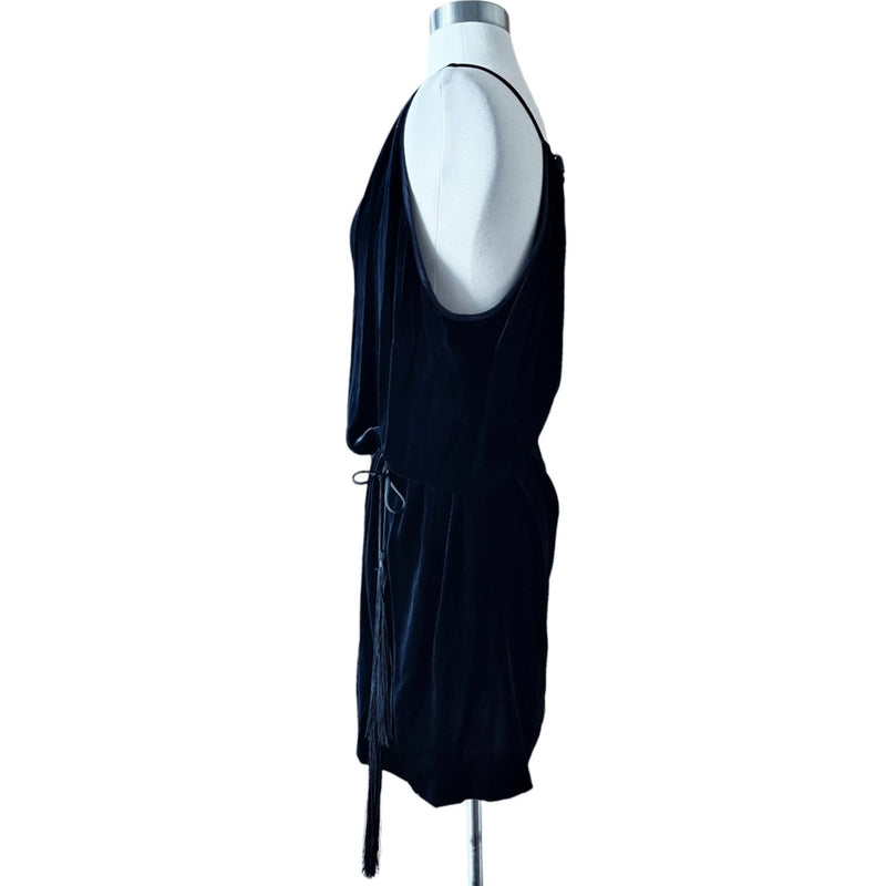 NILI LOTAN Velvet Dress Dark Blue Belted Tassels Sleeveless Silk Rare Medium