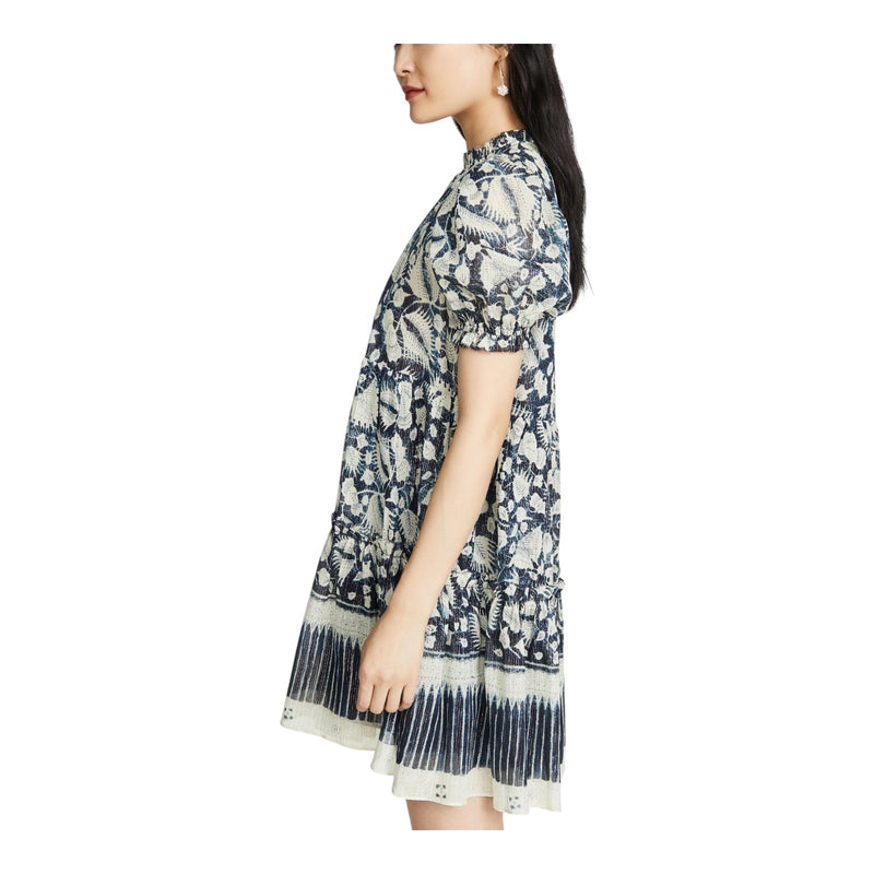 ULLA JOHNSON Dahlia Dress Blue Batik Short Puff Sleeves Crew Neck Silk Lurex 2