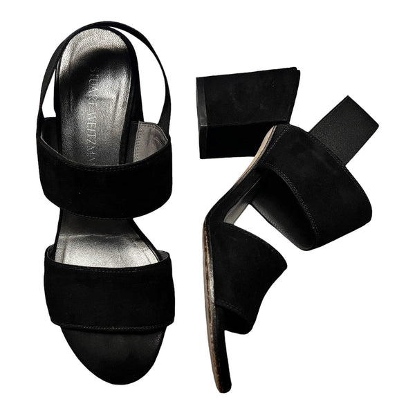 STUART WEITZMAN Suede Black Sandals Leather Block Heels Slingback Spain 8.5M EUC
