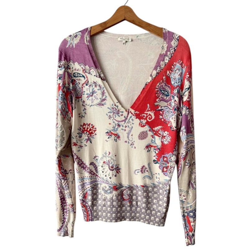 ETRO Milano Silk Paisley Sweater Knit Tank V-Neck Red Cream Italy IT46 Large EUC