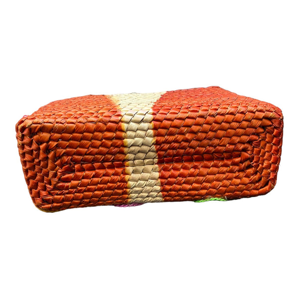 Mexican Natural Weaved Straw Tote Bag HANDMADE Zipper Orange Floral Palm Small