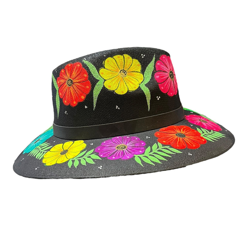 HAT MEXICAN Artisanal Hand Painted Fedora Floral Sombrero Panama Bohemian Black