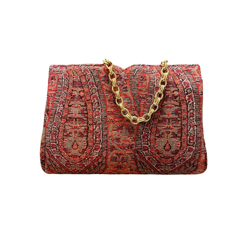 VINTAGE Kashmir Wool Red Clutch Evening Handbag Gold Chain Kiss Lock Pristine