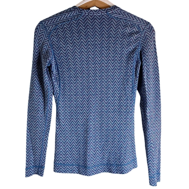 SMARTWOOL Crew Neck Wool Knit Top Chevron Blue Long Sleeve 250 Base Layer Small