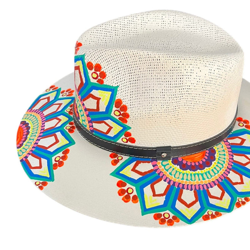 HAT MEXICAN Artisanal Hand Painted Fedora Mandala Sombrero Panama Bohemian White