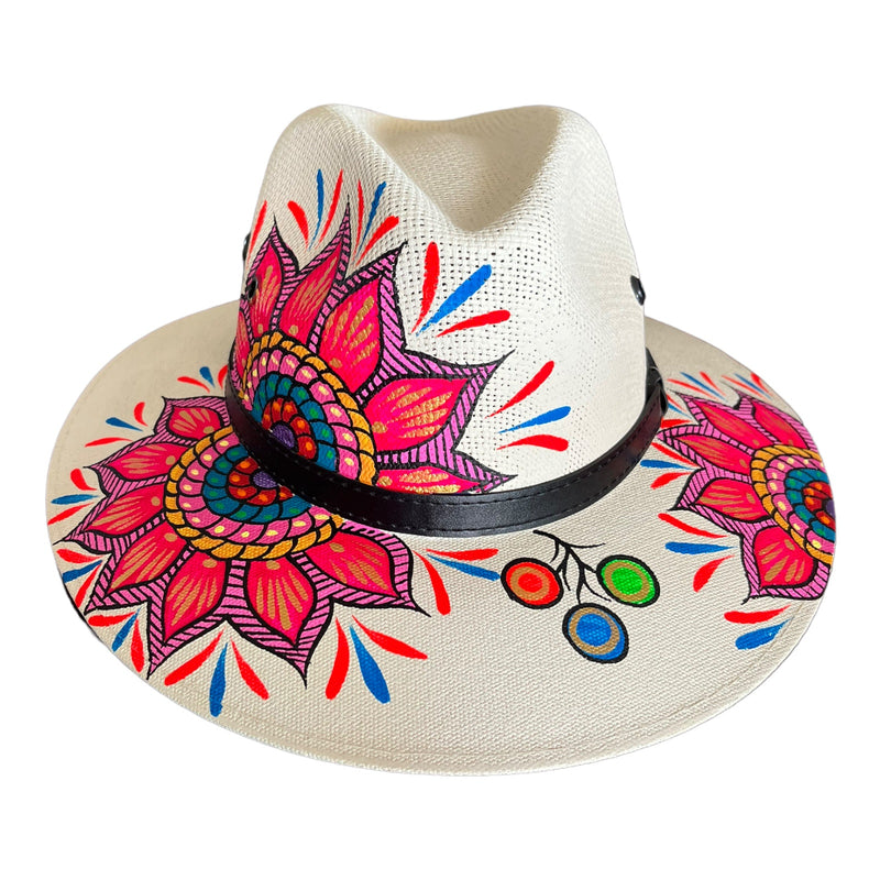 HAT MEXICAN Artisanal Hand Painted Fedora Mandala Sombrero Panama Bohemian White