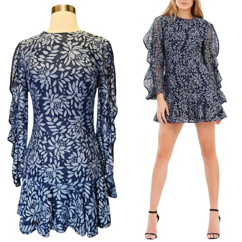 KEEPSAKE The Label Engage Floral Lace Mini Dress Long Sleeve Navy Blue Small EUC