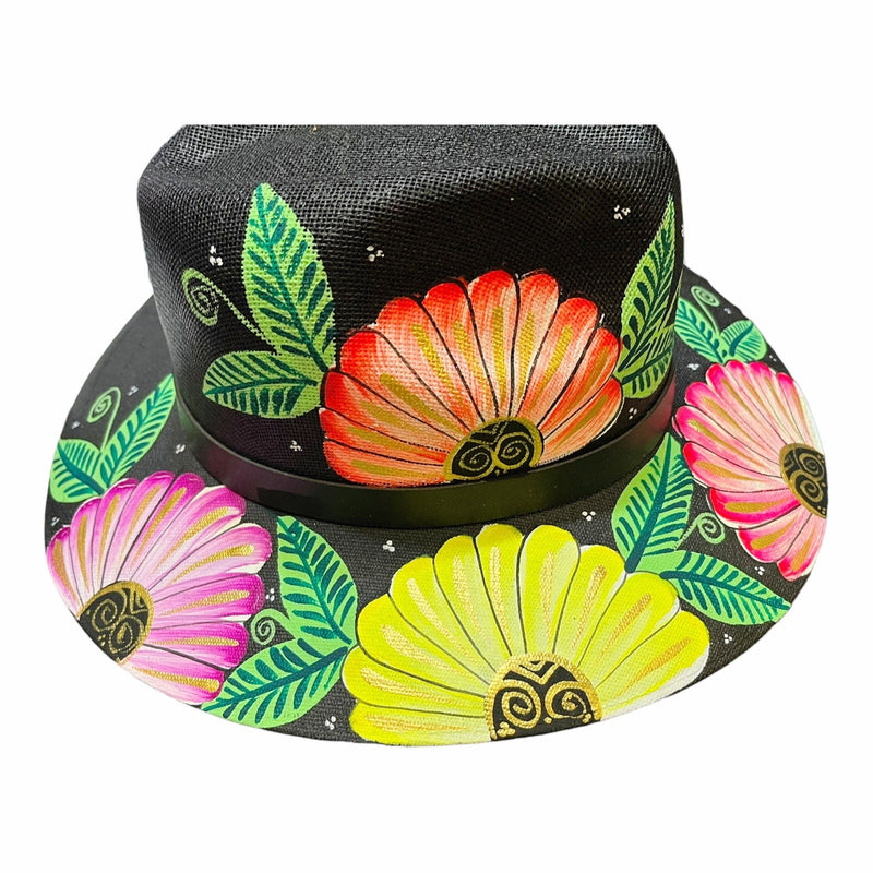 HAT MEXICAN Artisanal Hand Painted Fedora Floral Sombrero Panama Bohemian Black