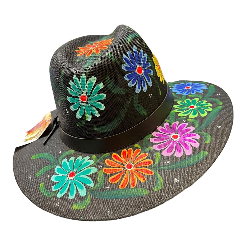 HAT MEXICAN Artisanal Hand Painted Fedora Floral Sombrero Panama Bohemian Black