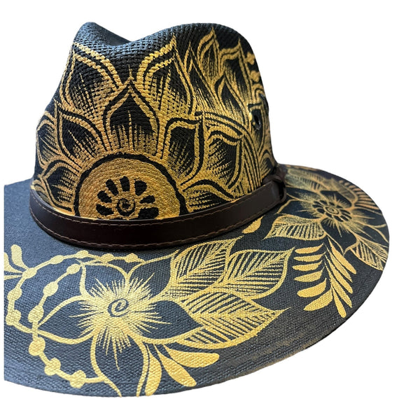 MEXICAN HAT Artisanal Hand Painted Fedora Floral Sombrero Panama Bohemian Black