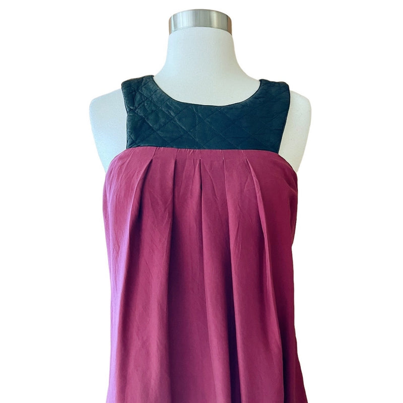 AS BY DF Silk Dress Leather Top Trim Sleeveless Burgundy Ombre Hi - Lo Medium