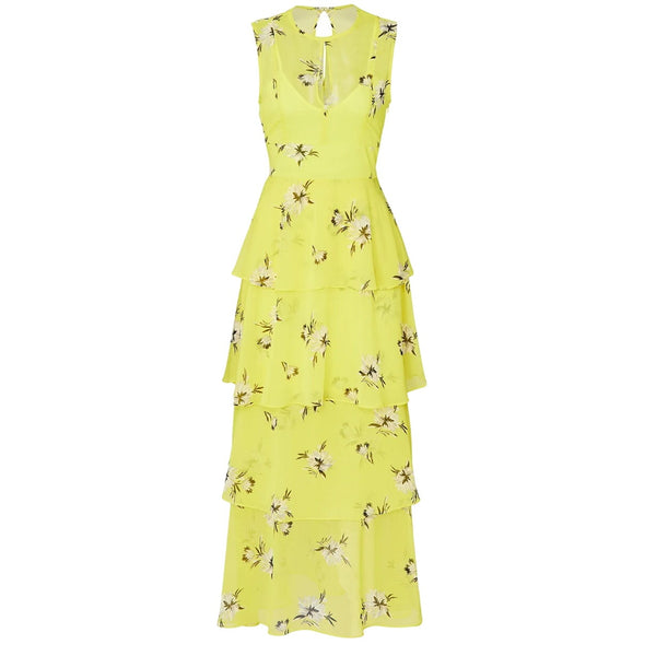 GREAT JONES Floral Silky Chiffon Tiered Dress Maxi Sleeveless Yellow Crew Neck
