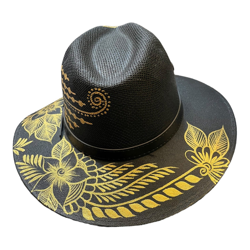 HAT MEXICAN Artisanal Hand Painted Fedora Floral Sombrero Panama Bohemian Black