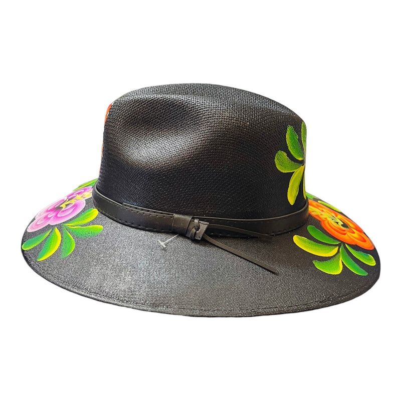 HAT MEXICAN Artisanal Hand Painted Fedora Floral Sombrero Panama Bohemian Black