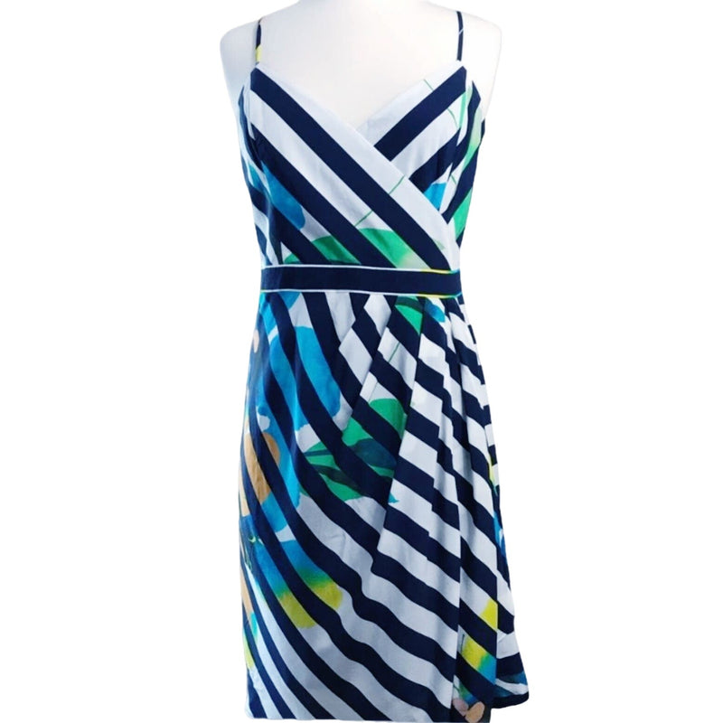 BETH BOWLEY Silk Dress Floral Striped Navy White Sleeveless Faux Wrap Sheath 4