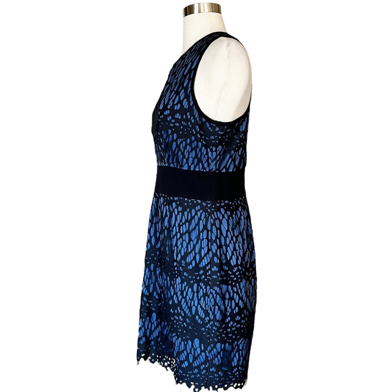 ROBERT RODRIGUEZ Sleeveless Sheath Dress Lace Overlay Satin Blue Black 4 EUC