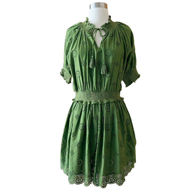 ROLLER RABBIT Fiorella Dress Astra Eyelet Green Cotton Short Sleeves Small NEW