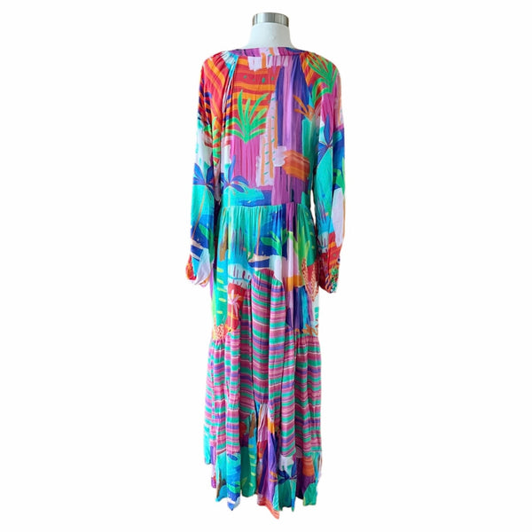 Colorful Maxi Dress Oversized V-Neck Long Sleeves Tropical Bold Print Small NEW