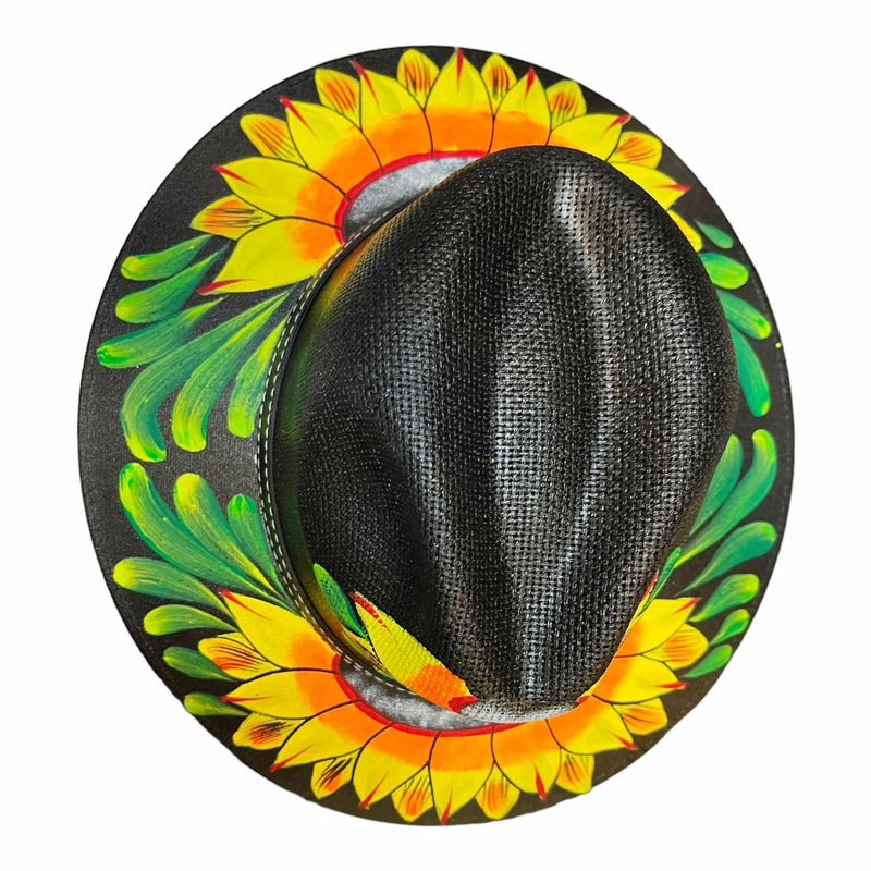 HAT MEXICAN Artisanal Hand Painted Fedora Sunflower Sombrero Panama Bohon Black