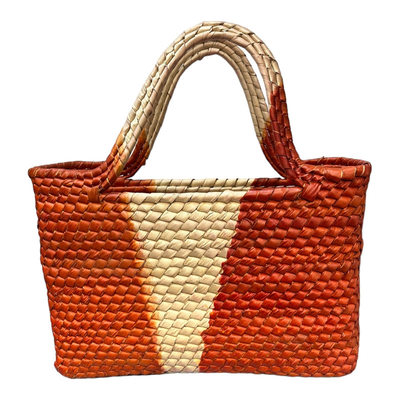 Mexican Natural Weaved Straw Tote Bag HANDMADE Zipper Orange Floral Palm Small