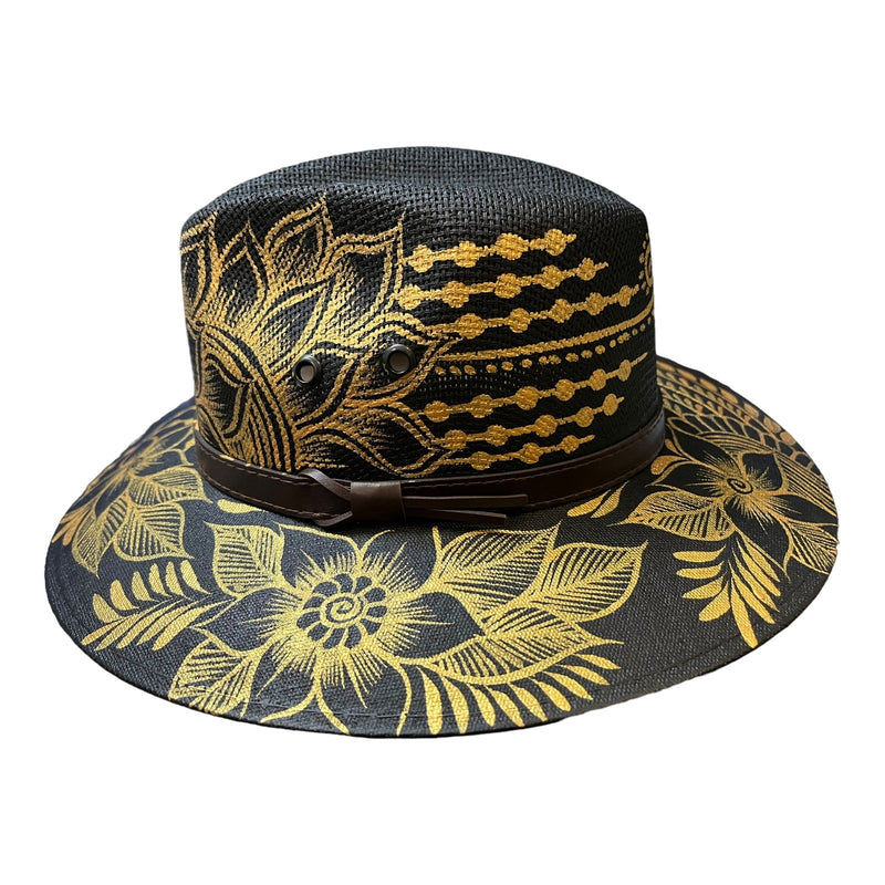 MEXICAN HAT Artisanal Hand Painted Fedora Floral Sombrero Panama Bohemian Black