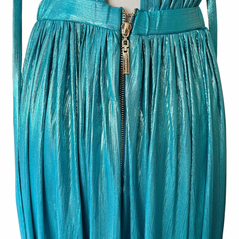 BRONX AND BANCO Romi Metallic Gown Plunge Neckline Dress Teal Turquoise Large 8