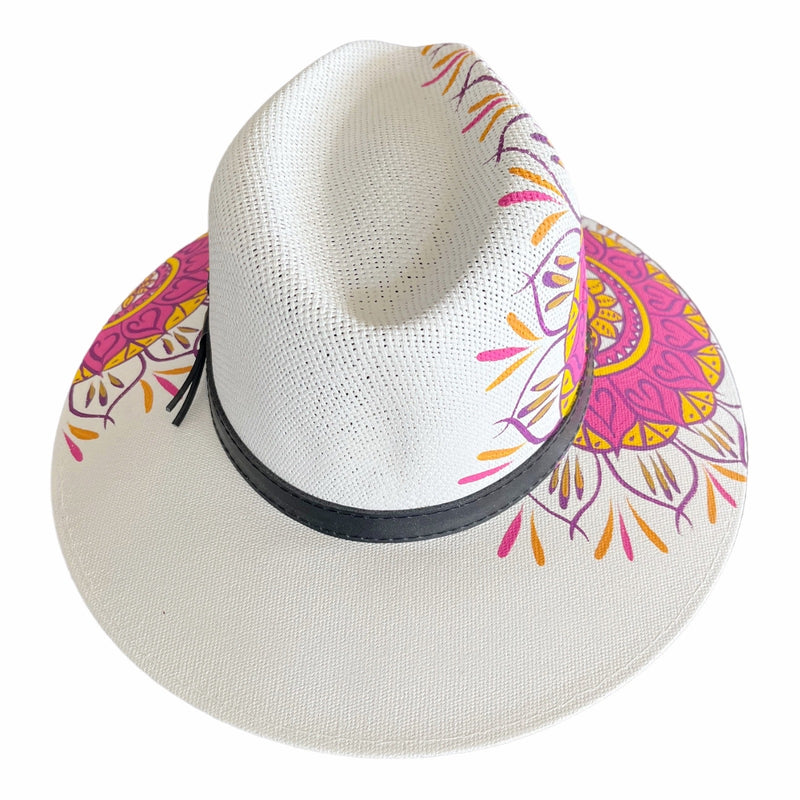 HAT MEXICAN Artisanal Hand Painted Fedora Mandala Sombrero Panama Bohemian White