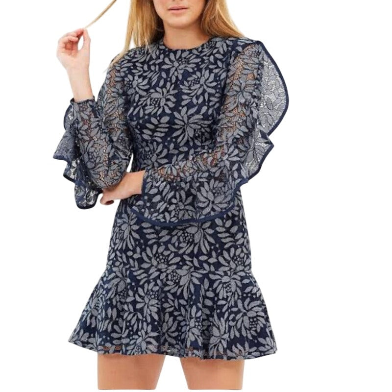 KEEPSAKE The Label Engage Floral Lace Mini Dress Long Sleeve Navy Blue Small EUC