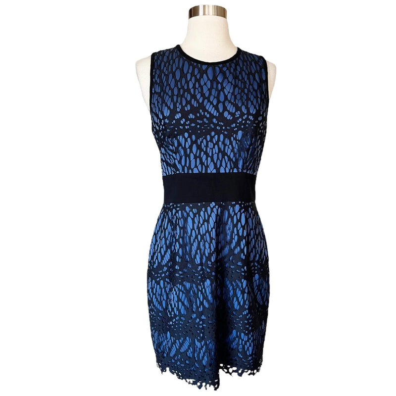 ROBERT RODRIGUEZ Sleeveless Sheath Dress Lace Overlay Satin Blue Black 4 EUC