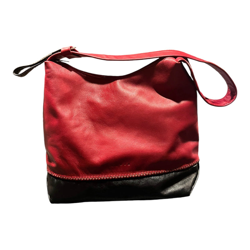 ARCADIA Leather Shoulder Bag Red/Black Bi-Color Bag Hobo Tote Italy Top Zip EUC