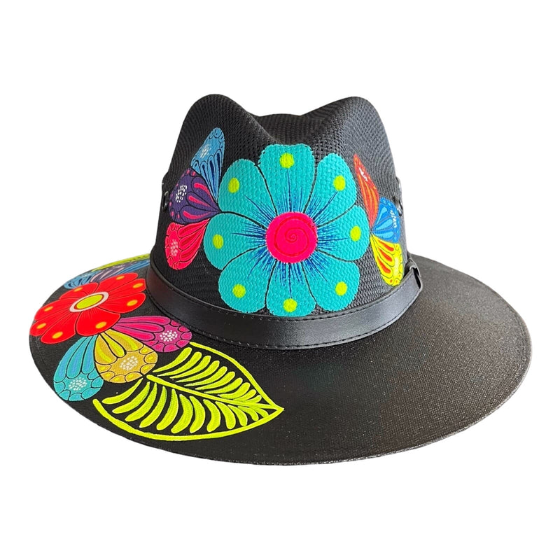 HAT MEXICAN Artisanal Hand Painted Fedora Floral Sombrero Panama Bohemian Black