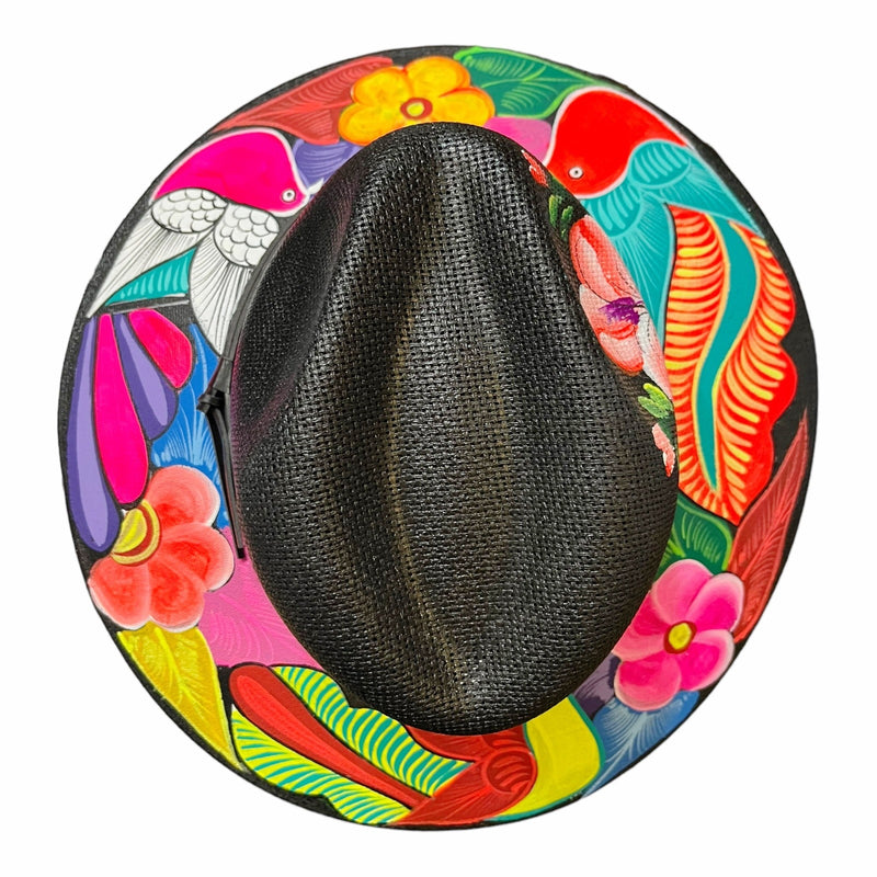 HAT MEXICAN Artisanal Hand Painted Fedora Floral Sombrero Panama Bohemian Black