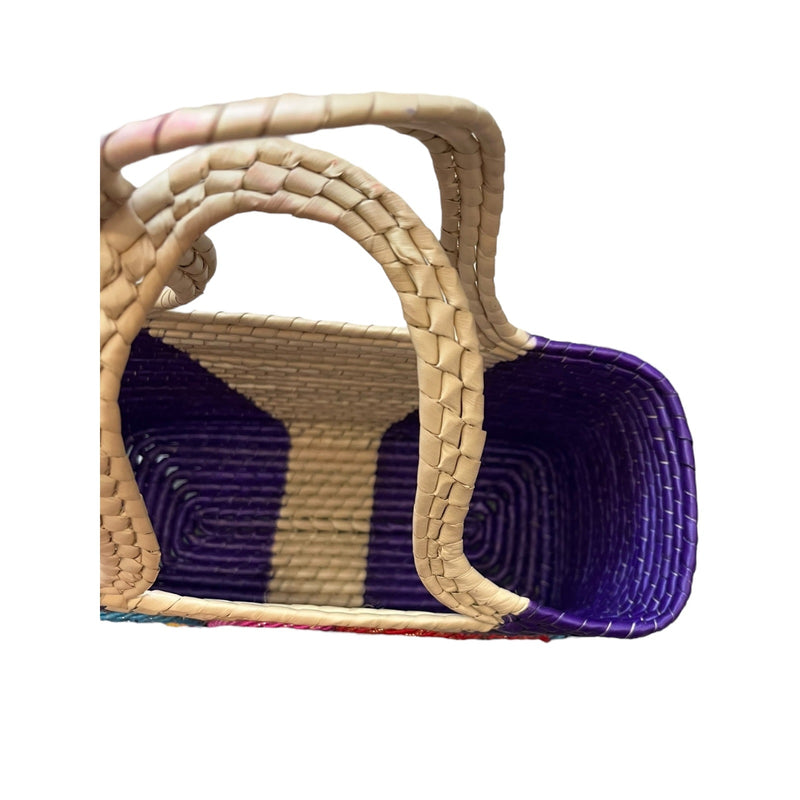 Mexican Natural Weaved Straw Tote Bag HANDMADE Zipper Purple Floral Palm Small