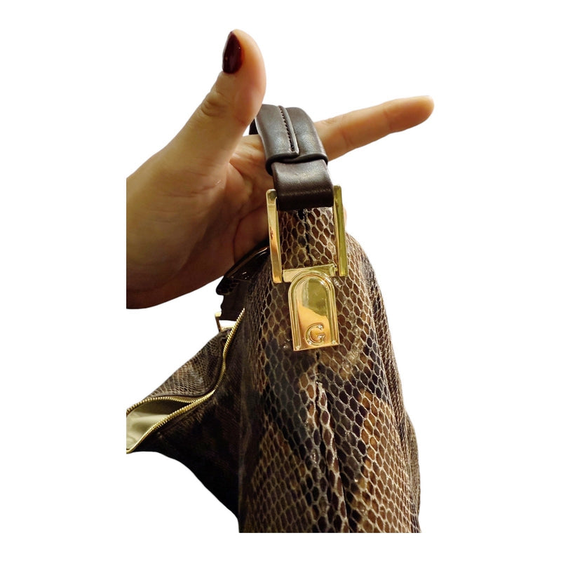 G.I.L.I. Milano Python Printed Hobo Bag Leather Shoulder Brown Zipper Strap EUC