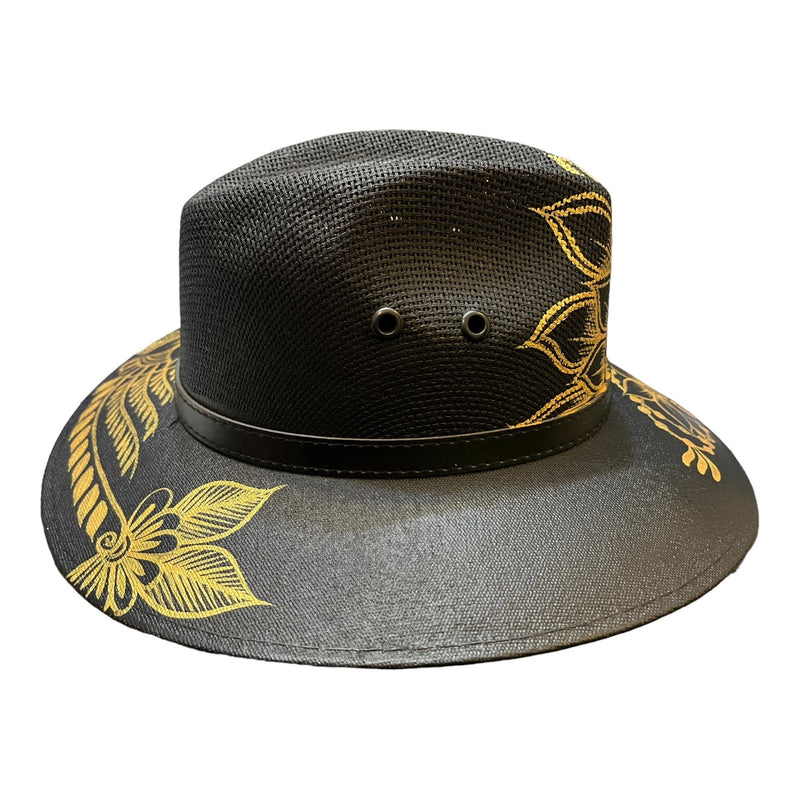 HAT MEXICAN Artisanal Hand Painted Fedora Floral Sombrero Panama Bohemian Black