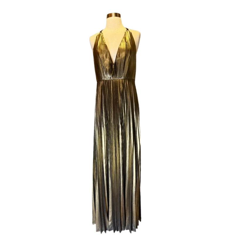 AIDAN MATTOX Pleated Folied Chiffon Halter Gown Bronze Metallic Maxi 4 EUC