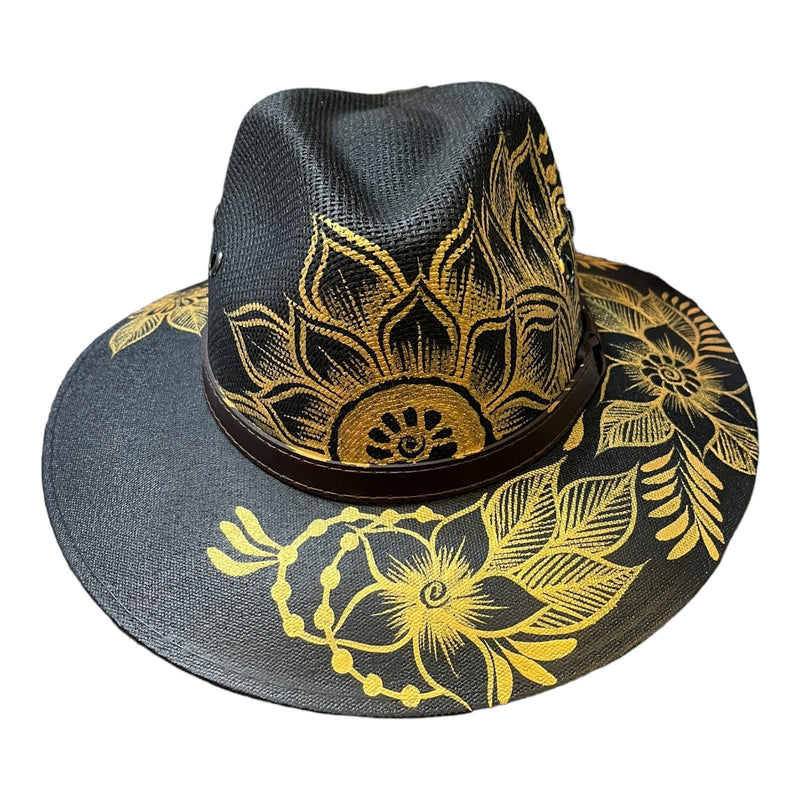 MEXICAN HAT Artisanal Hand Painted Fedora Floral Sombrero Panama Bohemian Black