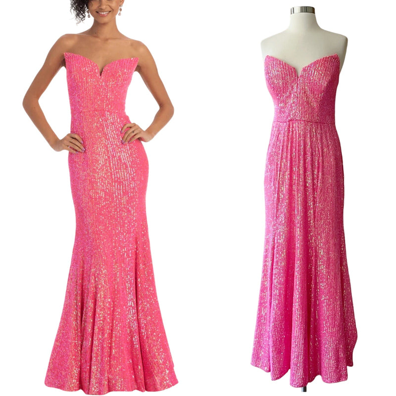 CAMILLE LA VIE NEON PINK Trumpet Gown Dress Strapless Sequins Sleeveless 12