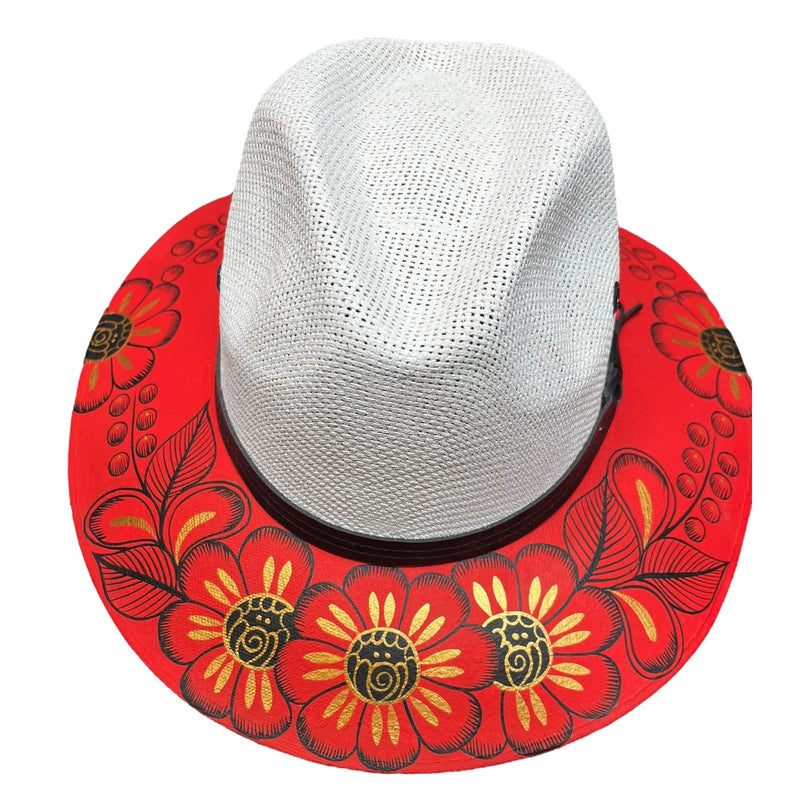 HAT MEXICAN Artisanal Hand Painted Fedora Floral Sombrero Panama Bohemian Red