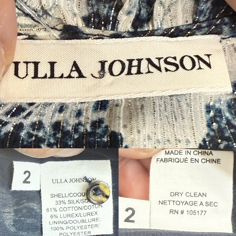 ULLA JOHNSON Dahlia Dress Blue Batik Short Puff Sleeves Crew Neck Silk Lurex 2