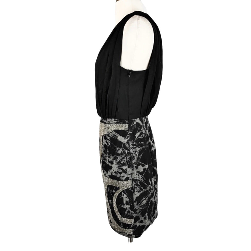 GREYLIN Cocktail Dress Mixed Media Beaded Embellished Ponte Black Silver Small