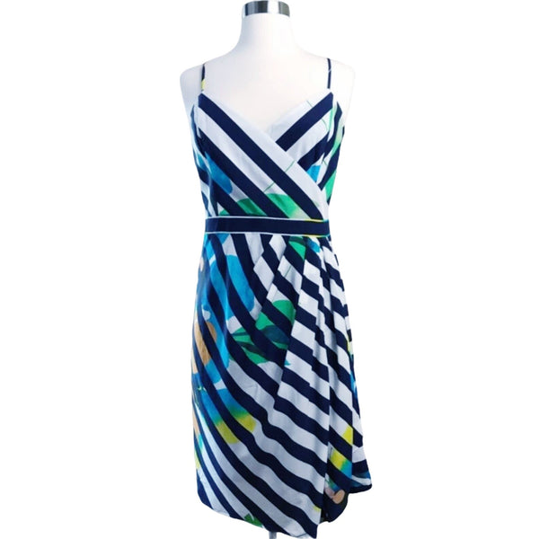 BETH BOWLEY Silk Dress Floral Striped Navy White Sleeveless Faux Wrap Sheath 4