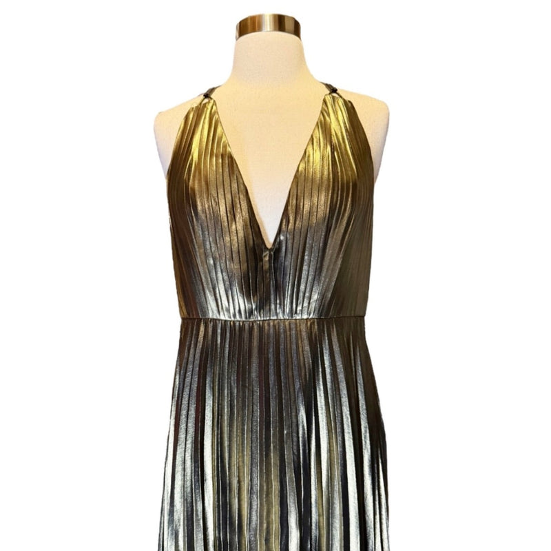 AIDAN MATTOX Pleated Folied Chiffon Halter Gown Bronze Metallic Maxi 4 EUC